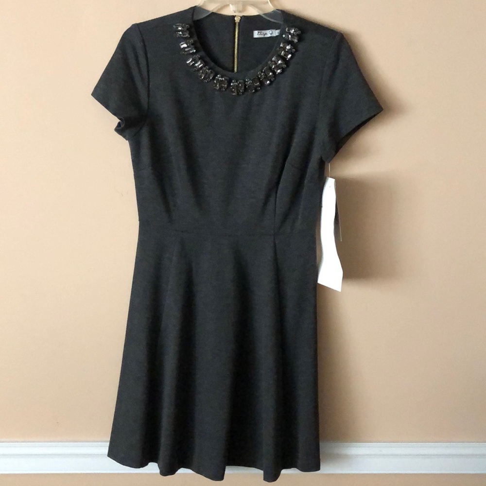 Eliza J dark grey dress with embellished neckline